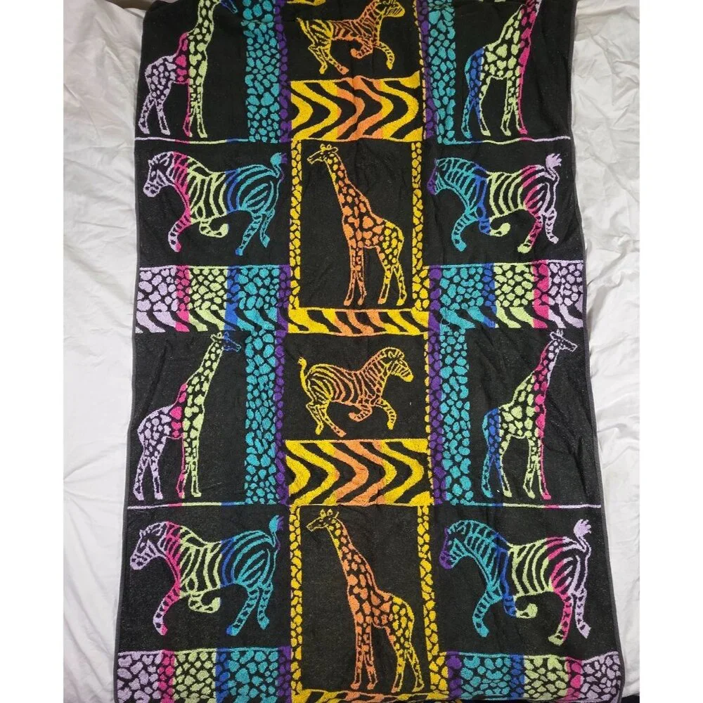 Vintage Summer Stock Cotton Beach Towel Giraffe Zebra Print Multi Color